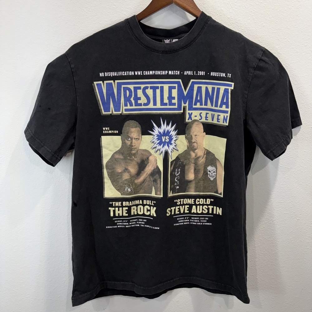 WWE x Shoe Palace The Rock Stone Cold Shirt WrestleMania 2001 Reprint Distressed